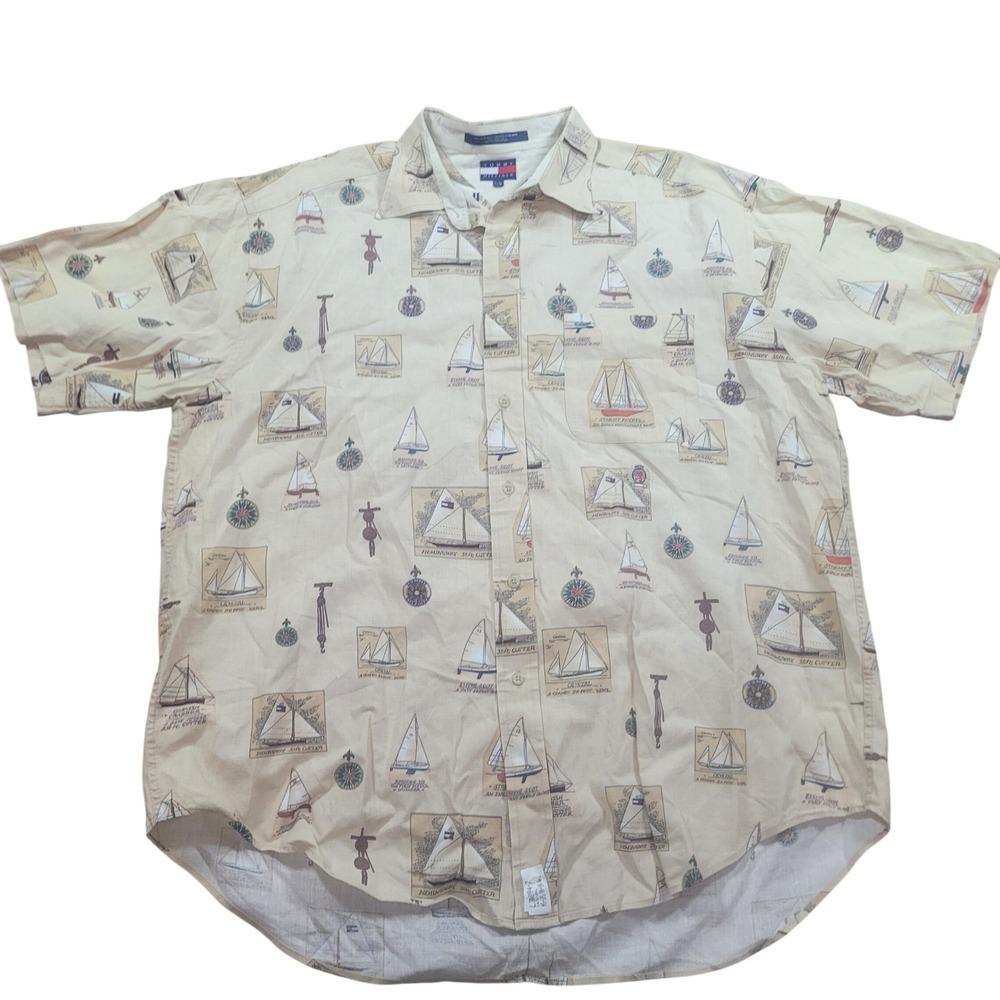 Vintage Tommy Hilfiger Mens Large All Over Print Linen Blend Short Sleeve Button